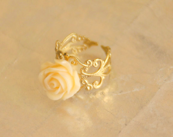 Cream orange resin rose flower adjustable ring with filigree accessories gold plated