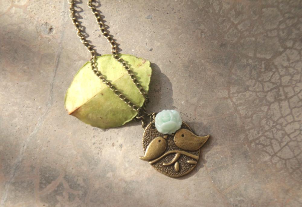 Birds charm necklace in light green rose Bronze necklace 