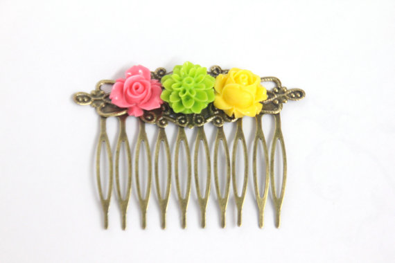  Flower Hair Comb Trio Bright Colors