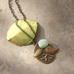 Birds charm necklace in light green rose Bronze necklace 
